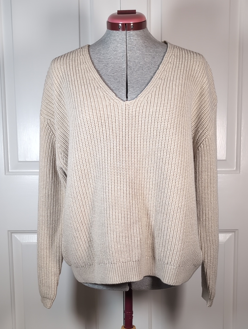Quince Cream Organic Cotton Fisherman V-Neck Sweater Size Medium M